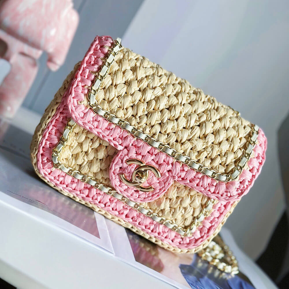 Ch**el Beige Raffia Chain Handbag(HIGH-END GRADE)