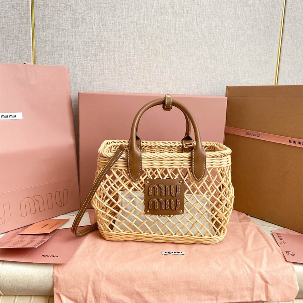 M1um1u Woven fabric handbag with leather trim(high-end grade)